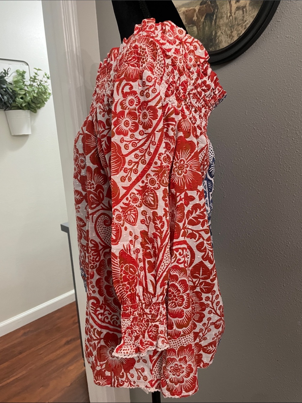 Chico's Off-Shoulder Split Floral Blouse in Red and Blue - Picture 4 of 12